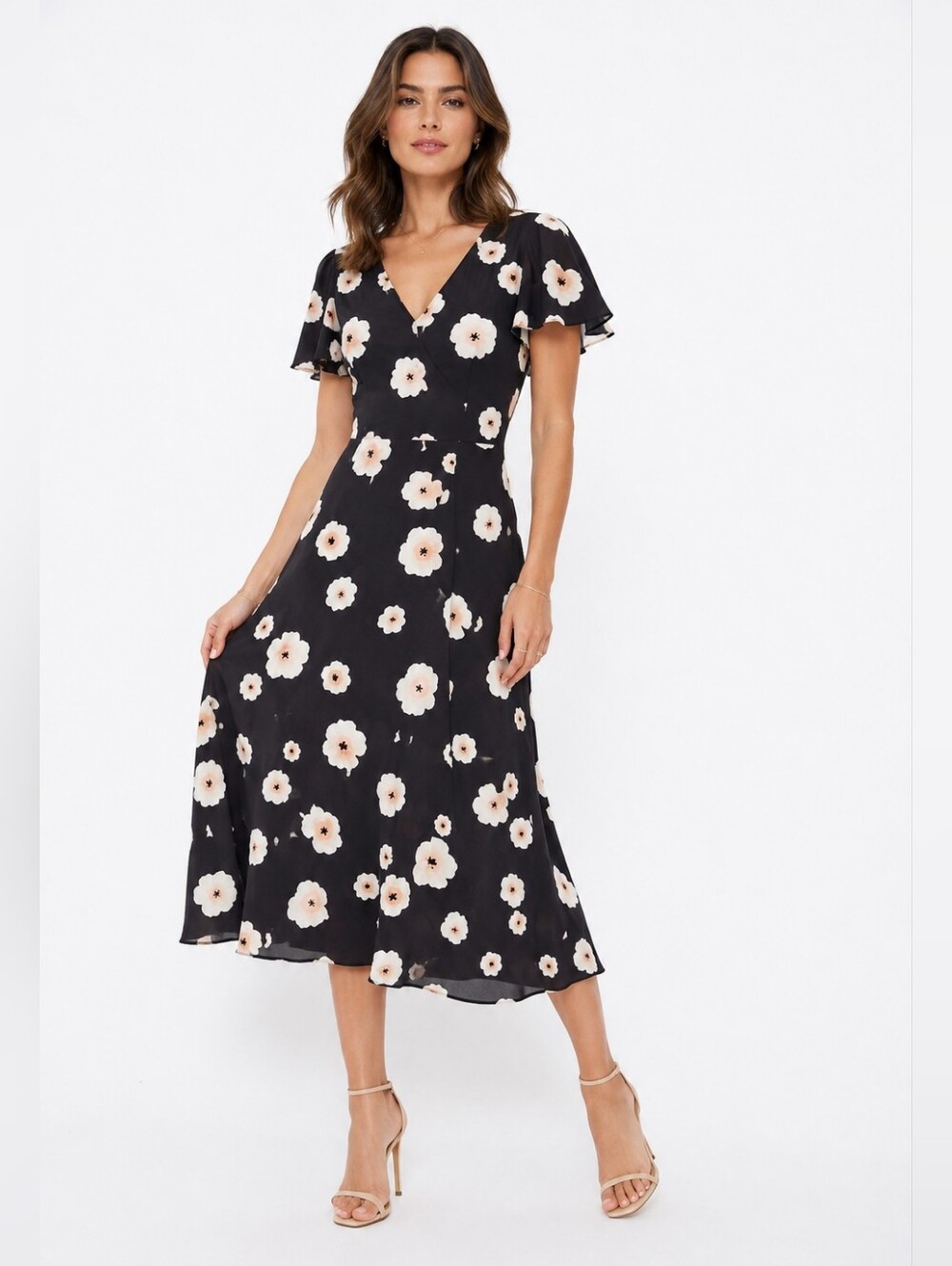 Club Monaco Black Midi Dress with Cream Floral Print. Size 6.